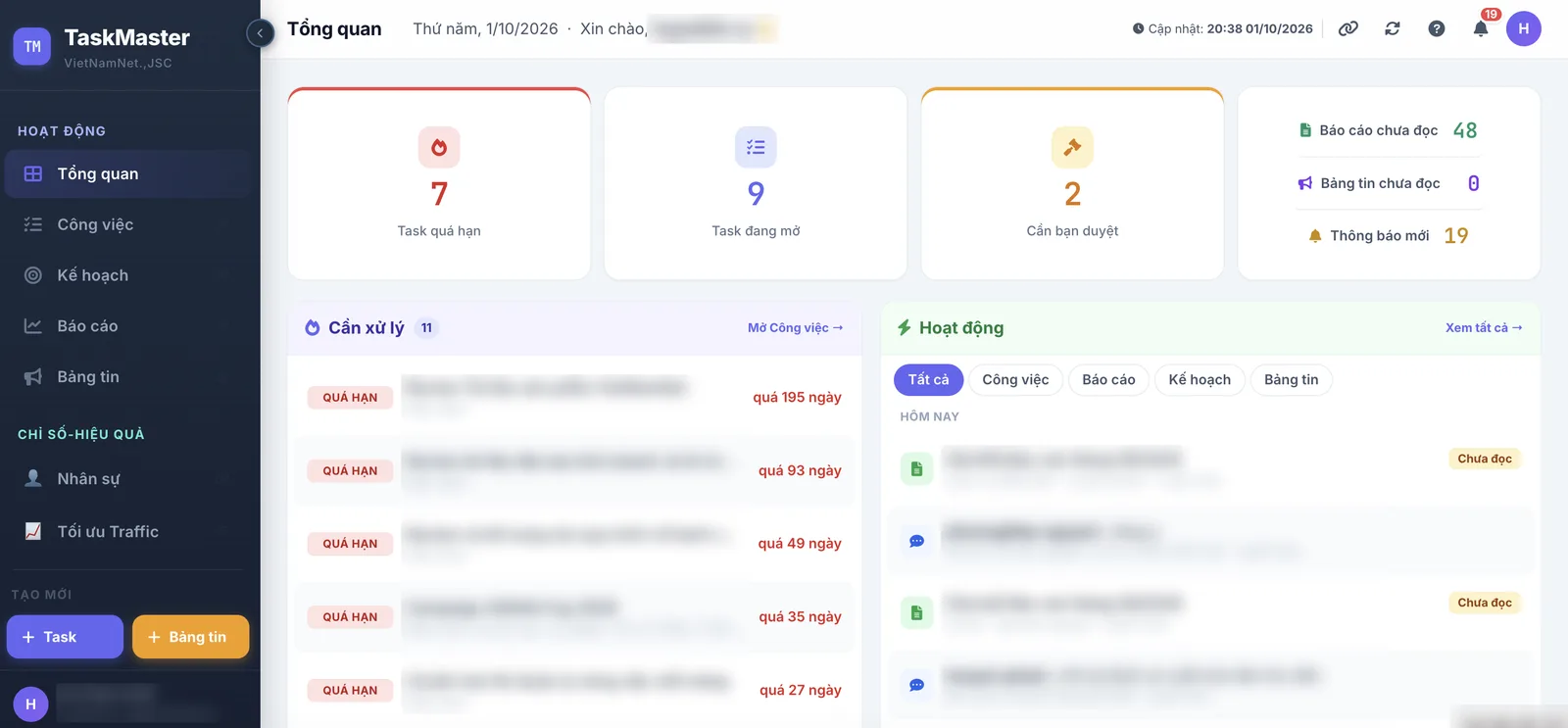 Giao diện TaskMaster – hệ thống dashboard quản lý công việc nội bộ