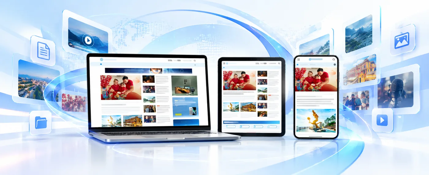 Nền tảng quản trị nội dung VMS hiển thị trên máy tính, máy tính bảng và điện thoại